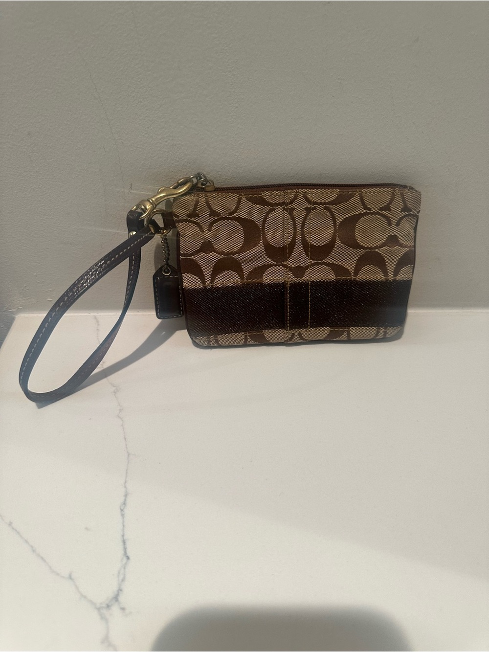 Coach Brown Signature Canvas Wristlet with Dark Brown Trim and coach creed